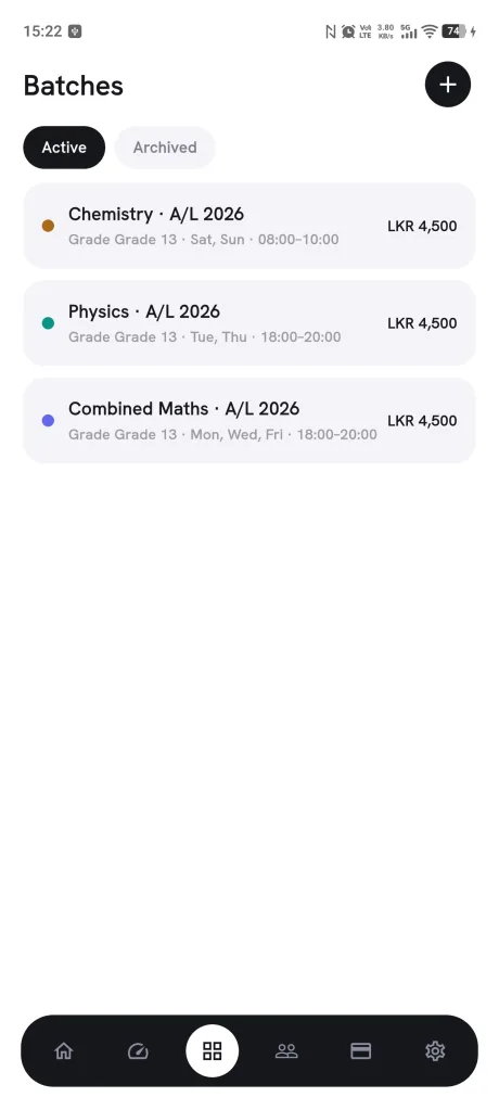 TuitionHub — Batches with their own days, times, and fees